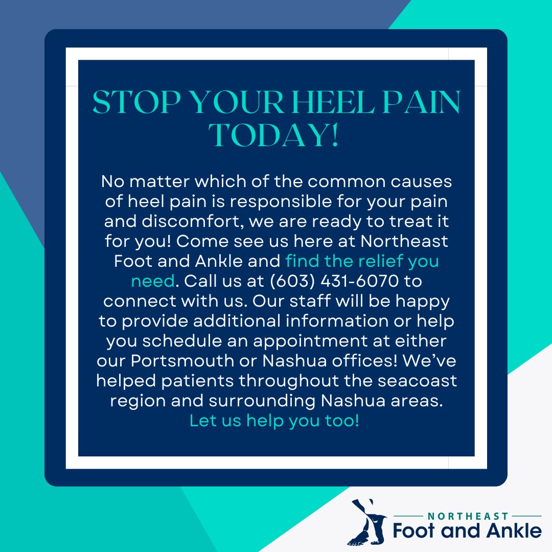 Heel pain should not be a part of your daily life. Call us today!
.
.
.
#footpain #heelpain #podiatristsinNashua #podiatristsinPortsmouth #paintreatment #bestpodiatrists #health #painrelief #podiatryclinic #podiatry #NewHampshire #NewHampshirepodiatrist #NortheastFootAndAnkle