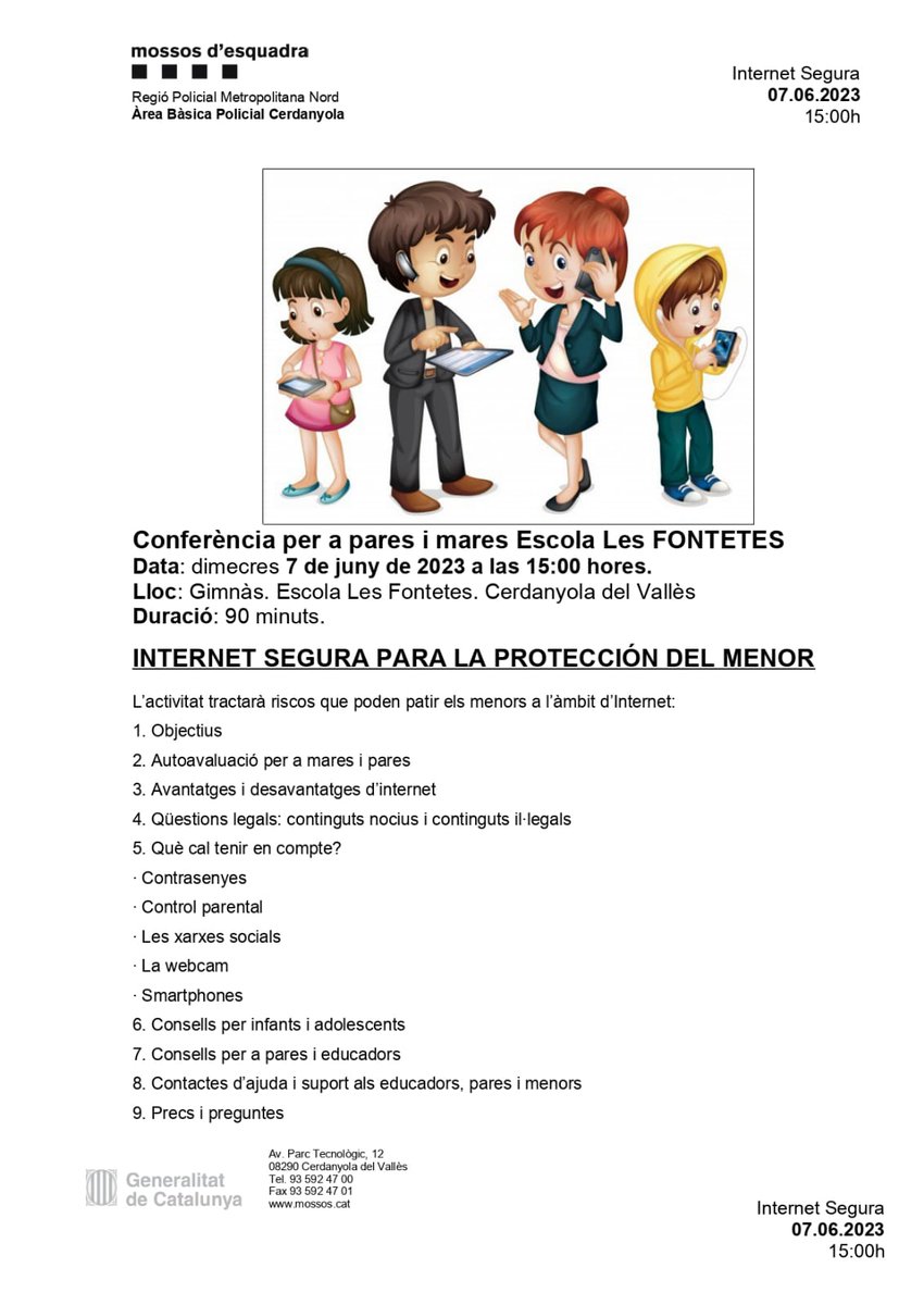 Internet segura  per la protecció del menor, el día 7 a l'escola. forms.gle/2fvcwKd2JkKPDT…
