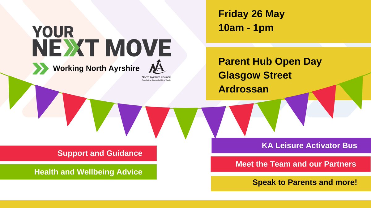 Join us tomorrow (Friday 26 May) for our family friendly open day at the brand new Parent Hub in Ardrossan. Meet the We Work for Families team and find out about the support available to parents.

#YourNextMove #EmployabilityWeek #WorkingNorthAyrshire