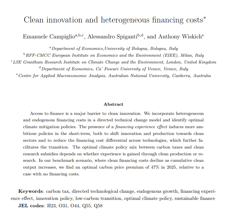 New working paper out: 'Clean Innovation and Heterogeneous Financing Costs', joint with <a href="/Ale_Spiganti/">Alessandro Spiganti</a> and <a href="/AWiskich/">Anthony Wiskich</a> 
cama.crawford.anu.edu.au/publication/ca… #EconTwitter