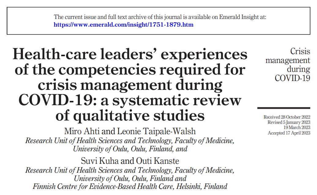 Health Sciences and Technology - Oulu (@hst_oy) on Twitter photo A new study has been published in <a href="/UniOulu_teha/">Healthcaremanagement_unioulu</a>. The study introduced five unique competency clusters required for crisis management during the acute phase of COVID-19. dx.doi.org/10.1108/LHS-10… A new study has been published in <a href="/UniOulu_teha/">Healthcaremanagement_unioulu</a>. The study introduced five unique competency clusters required for crisis management during the acute phase of COVID-19. dx.doi.org/10.1108/LHS-10…