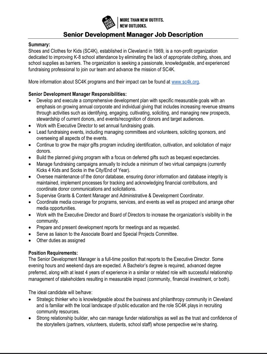JCUNonprofit's tweet photo. Shoes and Clothes for Kids (SC4K) is seeking a Senior Development Manager! 

For more information, please see the images below! https://t.co/M54rZ1HIOi
