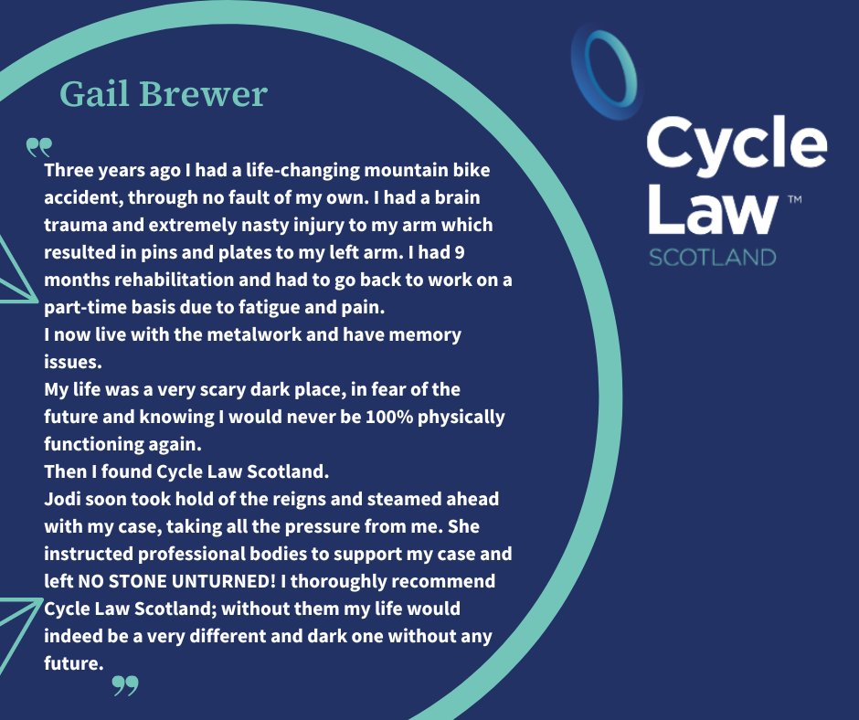 'Without the help of Cycle Law Scotland, who left no stone unturned, my life would indeed be a very different and dark one without any future.' We're just pleased we could help Gail when she needed us most. 

#cyclinglawyer #cyclelawscotland #nowinnofee #justice