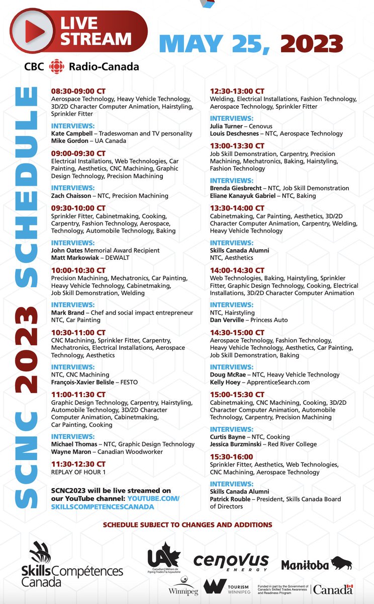 Here is the live streaming schedule for day one of the 2023 Skills Canada National Competition. 

Watch live on YouTube: 
youtube.com/skillscompeten… 

#SCNC2023