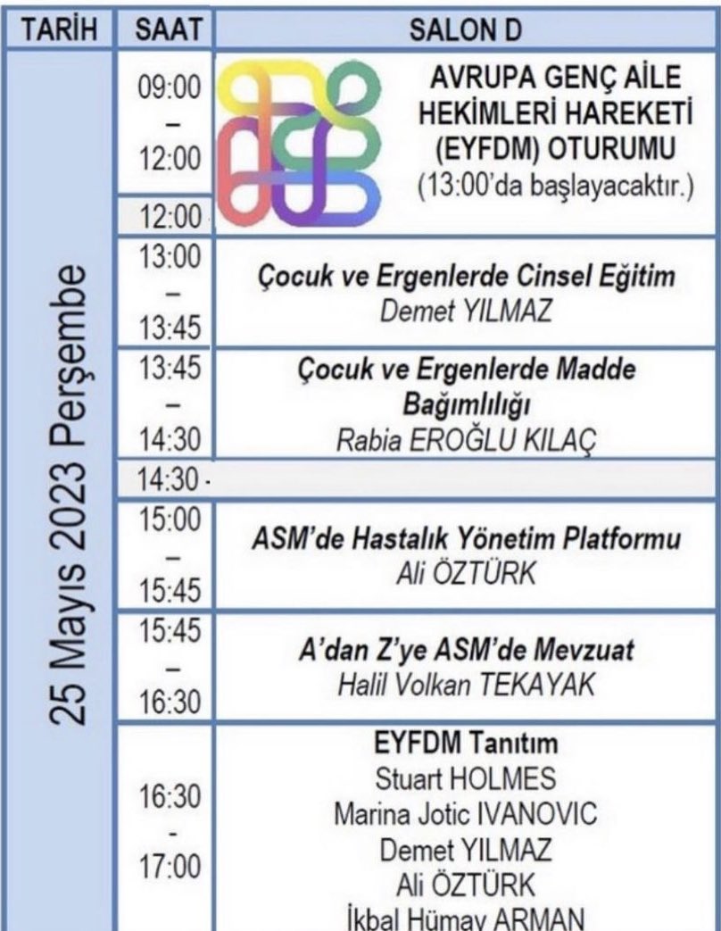 EYFDM (European Young Doctors Movement) Türkiye ekibi olarak 1.Uluslararası Doğu Karadeniz Aile Hekimliği Kongresi’nde yarım gün boyunca düzenleyeceğimiz programda Perşembe günü 15.45--16.30 saatleri arasında A’dan Z’ye Aile Sağlığı Merkezi’nde Mevzuat konusundan bahsedeceğiz.