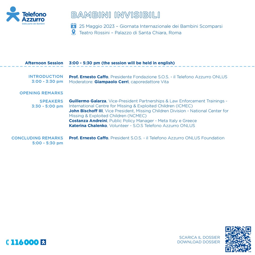 telefonoazzurro's tweet photo. 📍 Stream is about to start at 🕐15:00 - 17:30 follow us live on https://t.co/tW28WLyCJx
Keep following us and download the Dossier 2023 on
👉🏻https://t.co/tCCWSA7plk 
#bambiniinvisibili #missingchildren #imcd2023 #ICMEC #NCMEC #116000hotline https://t.co/d95jobl2M5