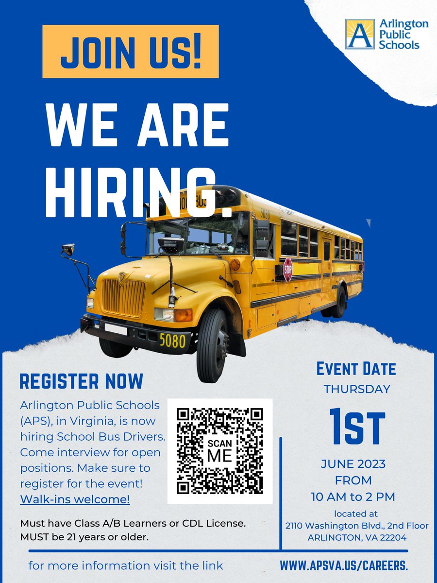 We are looking for bus driving superstars!! Come join our team!!  We will be hosting a job fair on June 1st from 10 AM to 2 PM! Walk-ins are welcome! apps2.winocular.com/arlingtonps/wo… #apsisawesome #busdriverjobs 🚍🚍🚍🚍