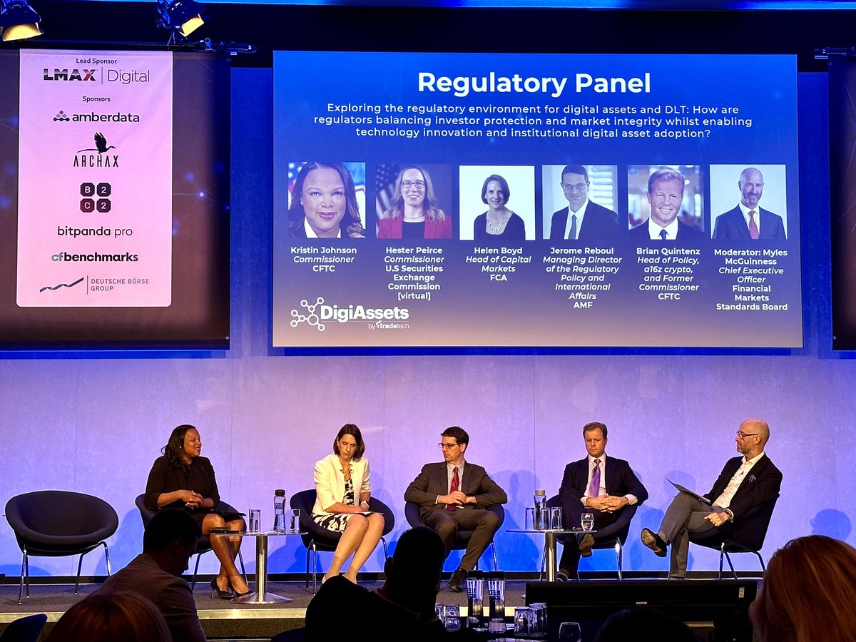 Great panel on balancing investor protection & market integrity while enabling innovation & institutional #digitalasset adoption @CFTCjohnson @CFTC; @HesterPeirce @SECGov; Helen Boyd @TheFCA; Jerome Reboul @AMF_actu; @BrianQuintenz @a16zcrypto; mod/ by Myles McGuinness @FMSB_UK