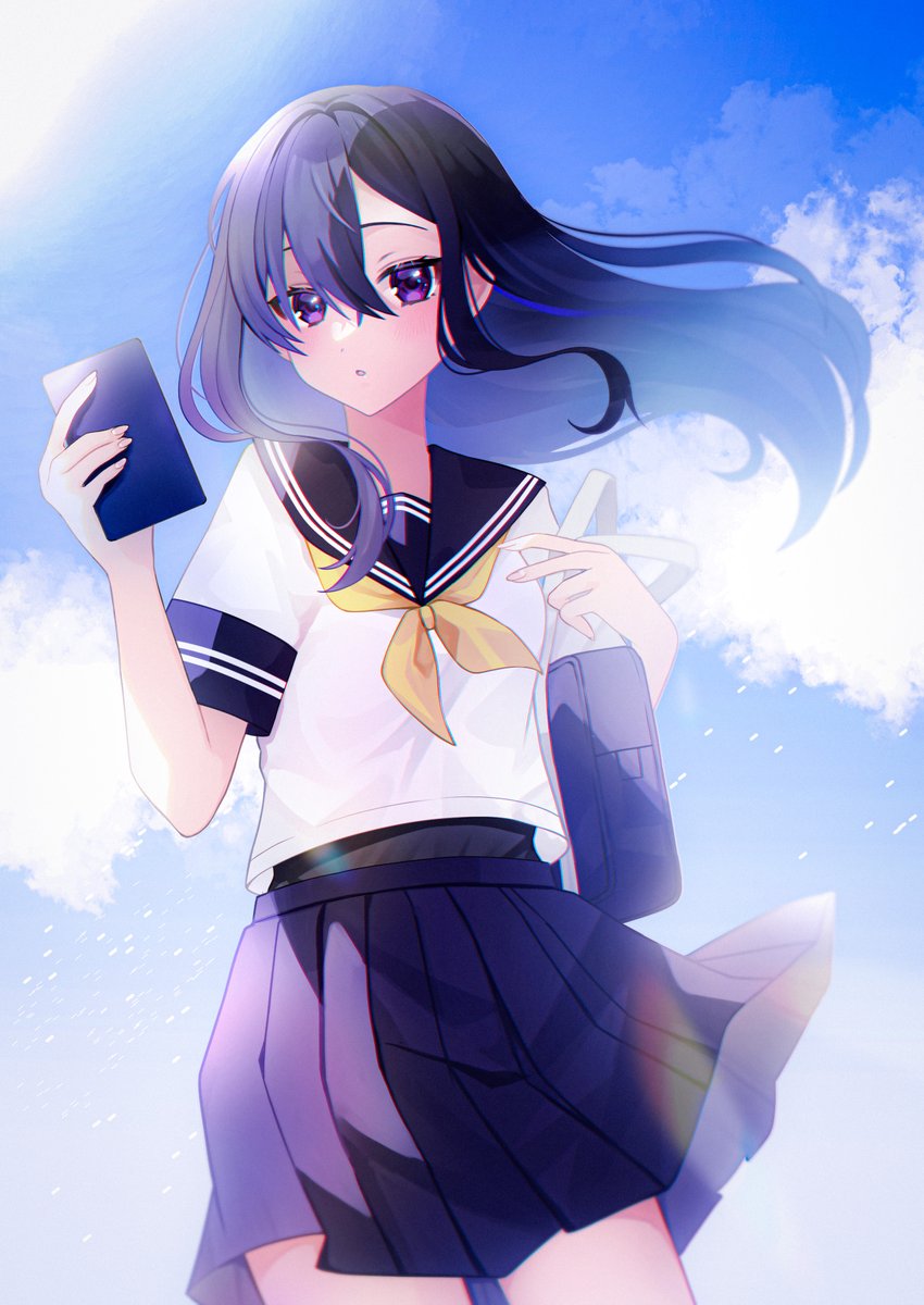 1girl skirt solo school uniform long hair purple eyes black hair  illustration images