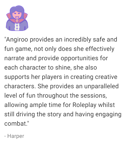 the_angiroo's tweet image. Still unsure if you want me to be your GM? Here's a review from one of my current players in my Odyssey of the Dragonlords game!

If you want to enjoy being the focus and feel immersed, come play!

startplaying.games/adventure/cli2…

#ttrpg #koboldchronicles #startplaying #dnd5e #roleplay