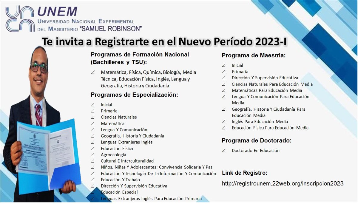 La Universidad Nacional Experimental del Magisterio 🗣️ inicia sus inscripciones para estudiantes Regulares  período 2023- I Te invitamos a registrarte en el siguiente link 👇👇👇👇
registrounem.22web.org/inscripcion2023
<a href="/NicolasMaduro/">Nicolás Maduro</a> <a href="/_LaAvanzadora/">Yelitze Santaella</a> <a href="/sandraoblitasr/">Sandra Oblitas Ruzza</a> @opsuVzla @MPPEDUCACION