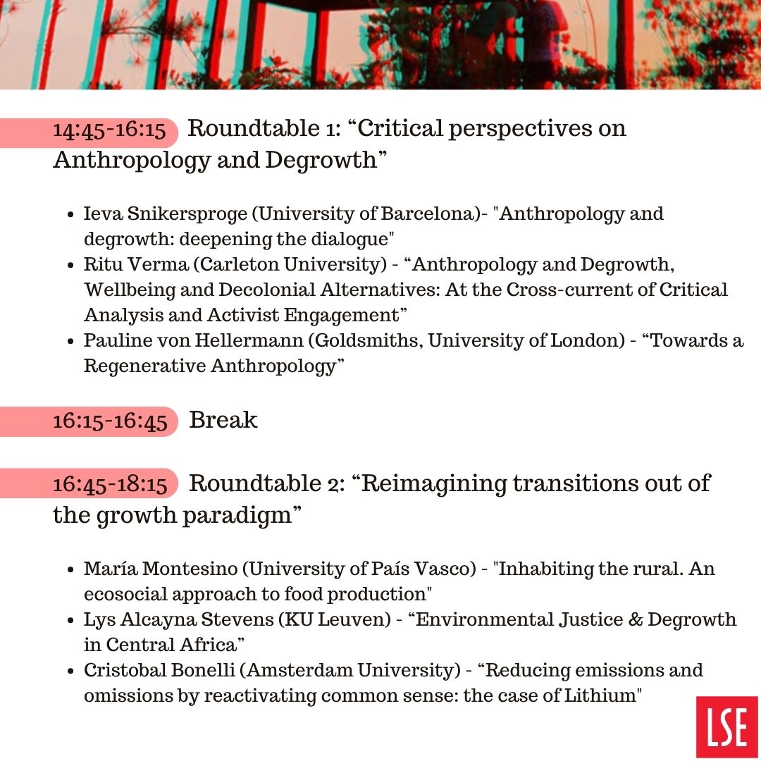 Our Anthropology and Degrowth workshop has 2 public roundtables on the 6th of June. Come join us in person at the LSE or follow it online! eventbrite.com/e/anthropology…