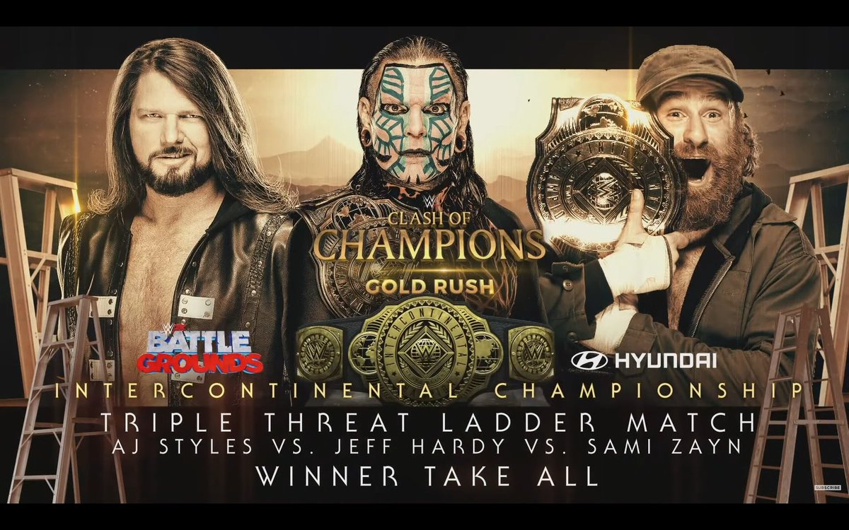 1st match of WWE clash of champions 2020
Triple threat intercontinental championship ladder match 
@AJStylesOrg vs @JEFFHARDYBRAND Vs @SamiZayn https://t.co/8pDUXALibe