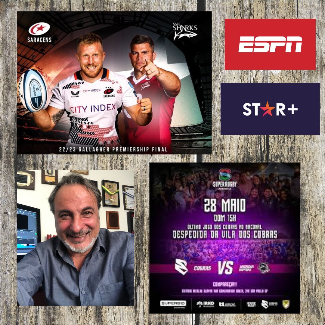 RUGBY ESPN  e STAR+
Sábado 10H55 na Star+
FINAL Ingles -  SARACENS X SALE SHARKS
Domingo  SRA - 12H00  ESPN3 e STAR+
COBRAS XV  x AMERICAN RAPTORS 
Horários de exibição Espn.com.br/programação
Vamos Nessa? 
#rugbynaespn #SuperRugbyAmericas #ESPNnoStarPlus #GallagherPremFinal