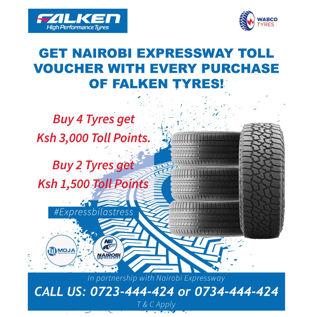 EXPRESS BILA STRESS na FALKEN TYRES!

Visit any Wabco Tyres Branch, upgrade your tyres and get FREE @NBOExpresswayKE @mojaexpressway toll points.  

#FalkenTyres #WabcoTyres #Azenis #Ziex #Wildpeak #UpgradeYourRide #Tollpoints #Save #NairobiExpressway #Expressbilastress
