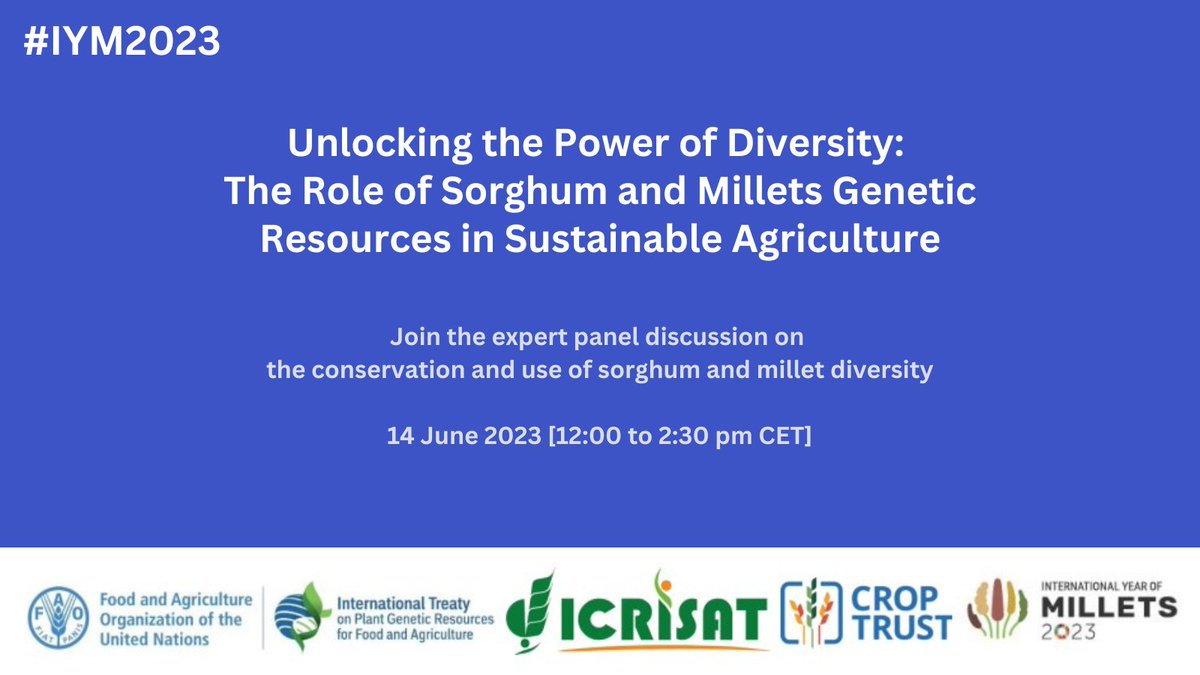 #ComingUp Unlocking Power of Diversity: #Sorghum + #Millets 
👉🏽Online Intl Panel of Experts 
📅14 June 2023 
⏲️12.00-14.30 hrs (CET)

#ItAllStartsWithTheSeed🌱
#crops #CropDiversity #FoodSecurity #ClimateAction #food #plants
@UNBiodiversity @World_FoodForum @worldfarmersorg @IFAD
