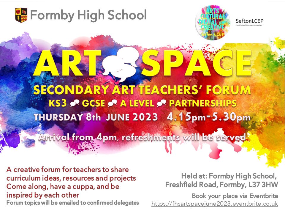 SeftonLcep's tweet image. Come to our gathering of Art teachers and practitioners to share and discuss ideas, curriculum (KS3/4/5) and partnerships. Book your place using our Eventbrite link
fhsartspacejune2023.eventbrite.co.uk