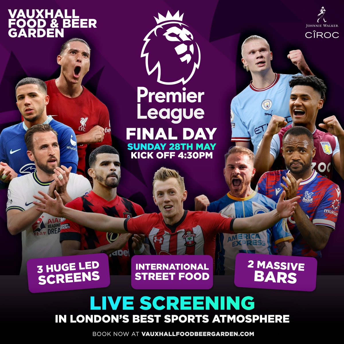 "Final day fever! Join us for the Premier League showdown, with giant LED screens, street food delights, and endless cheers! ⚽️🍔🍻"