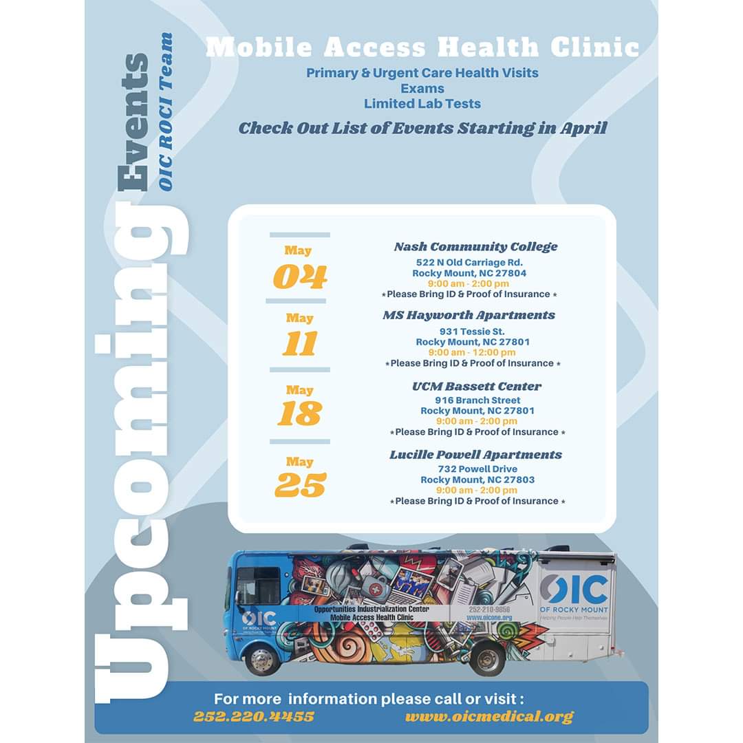 OICRockyMount's tweet image. The Mobile Access Health Clinic (MAHC) is ready to serve you! Here's where we are for the month of May.  #mahc #followthatbus #oicofrockymount #healthcare #mobileaccess #healthclinic