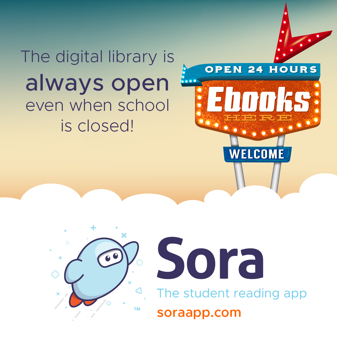 No library card?  No problem!  You can read all summer long on the Sora app!  All Alpine School District students have free access to our huge digital library.  Go to soraapp.com or download the free Sora app to find your next favorite ebook or audiobook.