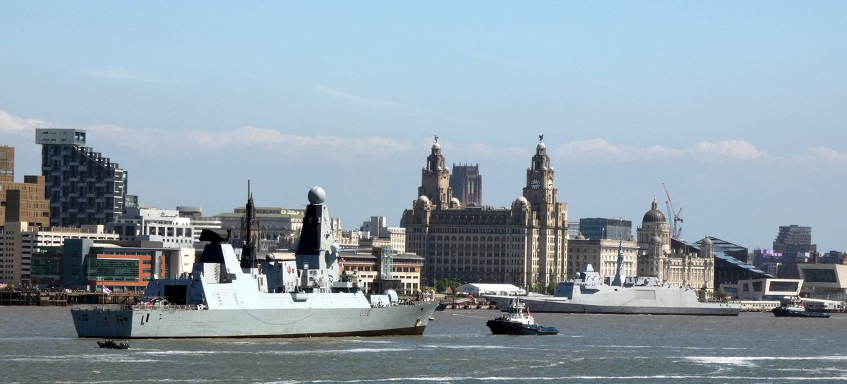 Inbound for the Battle of the Atlantic 80th at #Liverpool this weekend....@HMSDefender FS Bretagne D655 and USS Ramage DDG61 on the Mersey @RoyalNavy  @NavyLookout