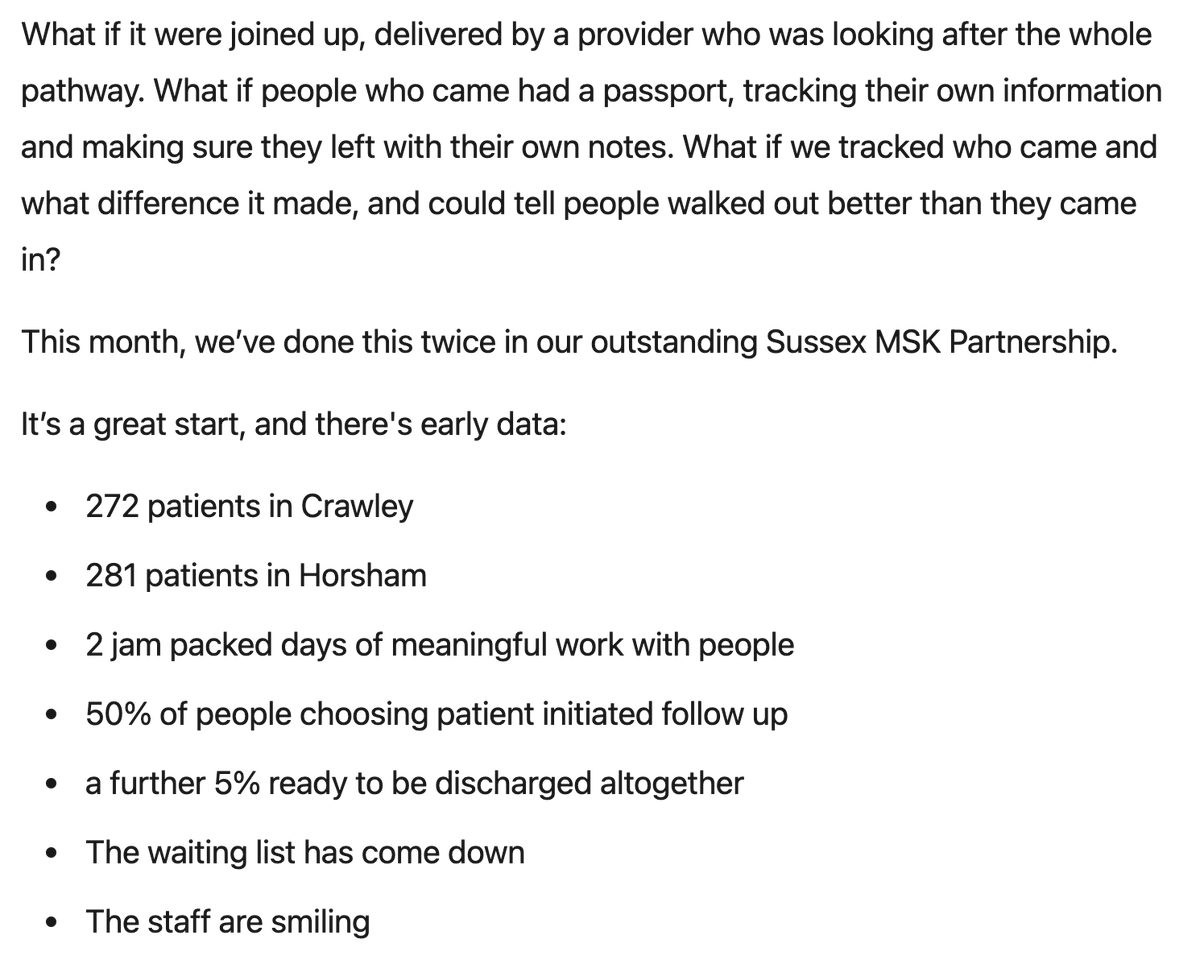 If there are more exciting things going on in health than <a href="/SussexMSK/">Sussex MSK Partnership</a> whole-room approach to care, I'd love to see them. 

Fact they're decimating our waiting lists only  tip of the impact (for patients &amp; staff) iceberg. Get in touch if want to know more!

linkedin.com/pulse/changing…