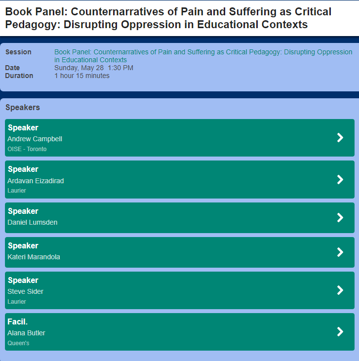 CSSESCEE's tweet photo. Spotlight / Point de mire - May 28: @case_acse Book Panel "Counternarratives of Pain and Suffering as Critical Pedagogy: Disrupting Oppression in Educational Contexts" @ 1:30 in SSB E112.
#CSSE2023 @YorkUeducation @federation_hss https://t.co/Lw2wqtJxD1
