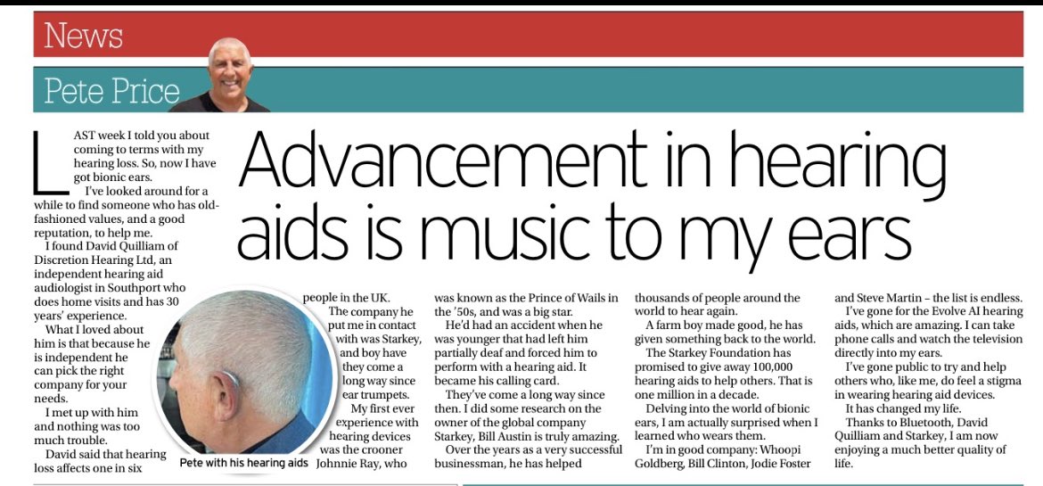 PeteCityPrice's tweet image. liverpoolecho.co.uk/news/liverpool… how many of you have trouble with your hearing ? Read my last 2 columns in @LivEchonews Thank you to David Quilliam  from Southport and @starkeyfnd @starkeyhearing I’m just getting use to wearing #bionicears  I think they are going to be a life changer