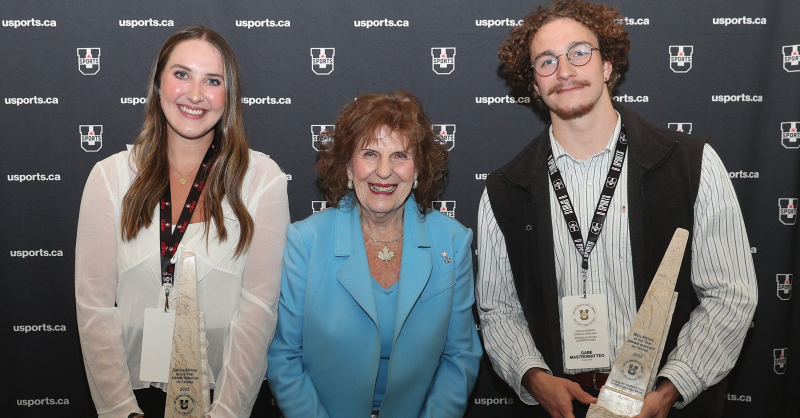OUAsport's tweet photo. The best in the country! 🌟

Congratulations to our #OUA athletes of the year - @McMasterSports Sarah Gates (🏀) and @Varsity_Blues Gabe Mastromatteo (🏊‍♂️) - who have been named Lois &amp; Doug Mitchell Award winners for 2022-23!

#WeAreONE