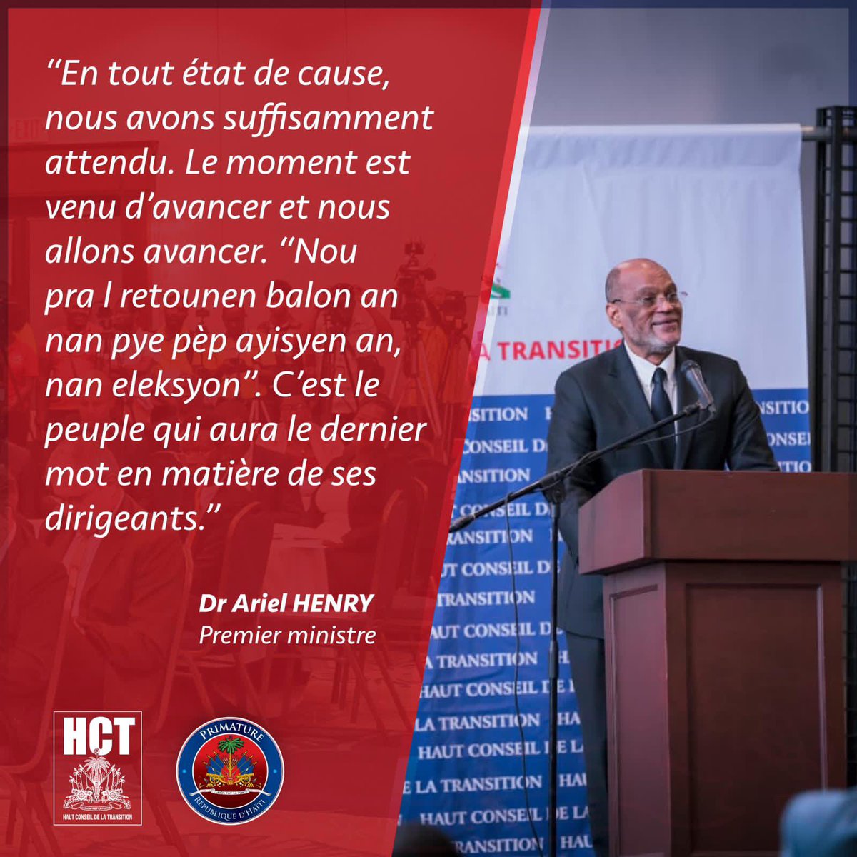 HautCTransition's tweet photo. “C’est le peuple haïtien qui aura le dernier mot en matière de ses dirigeants”, dixit PM Ariel Henry, lors de la cérémonie de clôture du Forum politique du #HCT. https://t.co/odvZB7ru3j