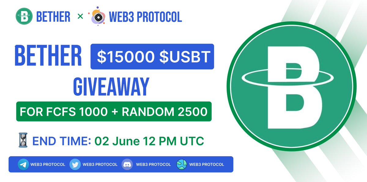 Web3_Protocol's tweet image. 🎉Web3 Protocol X Betherusbt $USBT Giveaway

🏆Prize Pool:- $15,000 $USBT ( FCFS 1000 + RANDOM 2500)

To Enter:- 
✔️Follow @Web3_Protocol &amp;amp; @betherusbt
✔️Like and RT 3 friends
✔️Fill form :- tinyurl.com/5hedc95j

#Airdrop #Giveaway #Giveaways #betherusbt