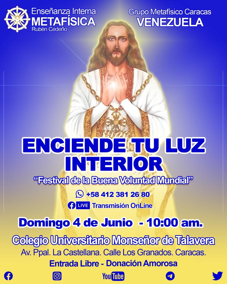 LidiaDeSousa's tweet photo. FESTIVAL DE BUENA VOLUNTAD MUNDIAL
4 Junio - 10 AM
Colegio Universitario Monseñor de Talavera
Av. Principal La Castellana cruce c/c Los Granados.  Caracas Presencial &amp; en línea
#enciendetuluzinterior  #festivaldebuenavoluntad
#Metafísica #RubenCedeño #grupometafisicocaracas https://t.co/QFF5GROofU