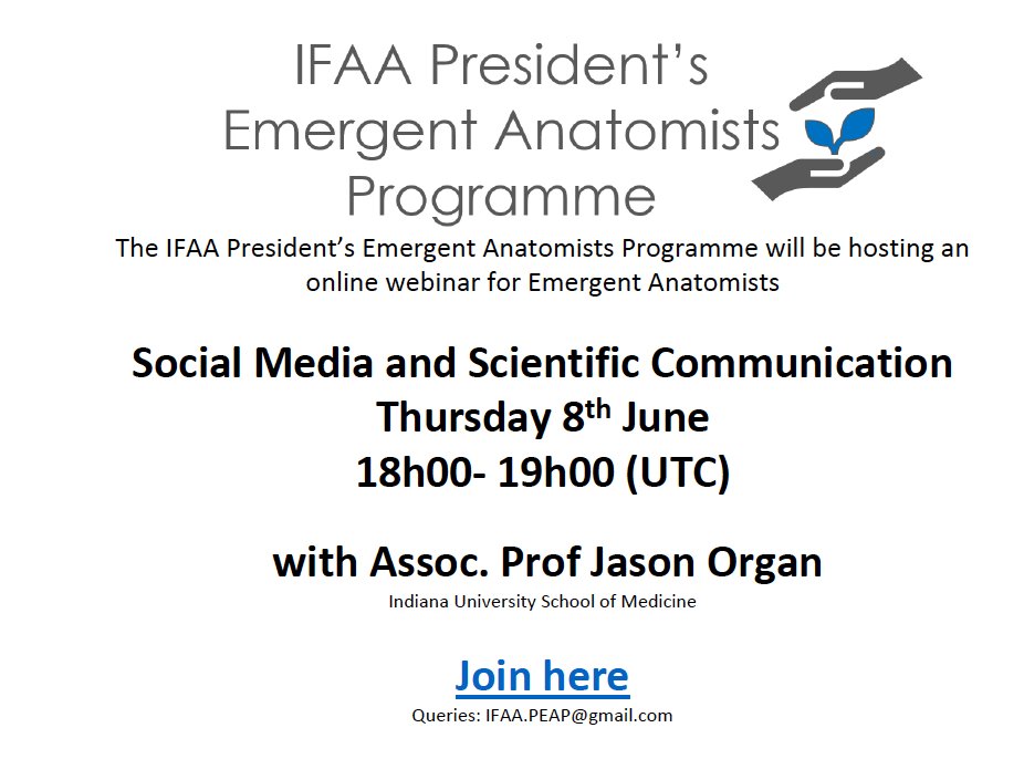 📢Calling all emergent anatomists📢 Please join the IFAA for their social media and scientific communication webinar presented by Assoc. Prof Jason Organ from the Indiana University School of Medicine. Join here: wits-za.zoom.us/meeting/regist… Date: 8 June 2023 Time: 18h00 – 19h00 (UTC)