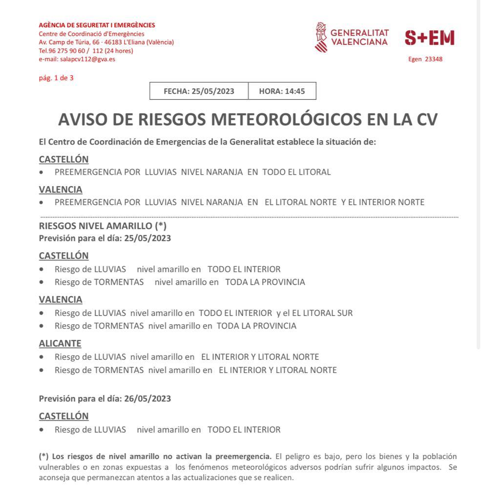 GVA112's tweet photo. El CCE estableix la situació de: 

🟠 Preemergència per pluja nivell taronja al litoral de Castelló i al nord de la província de València https://t.co/KxxqambqUk