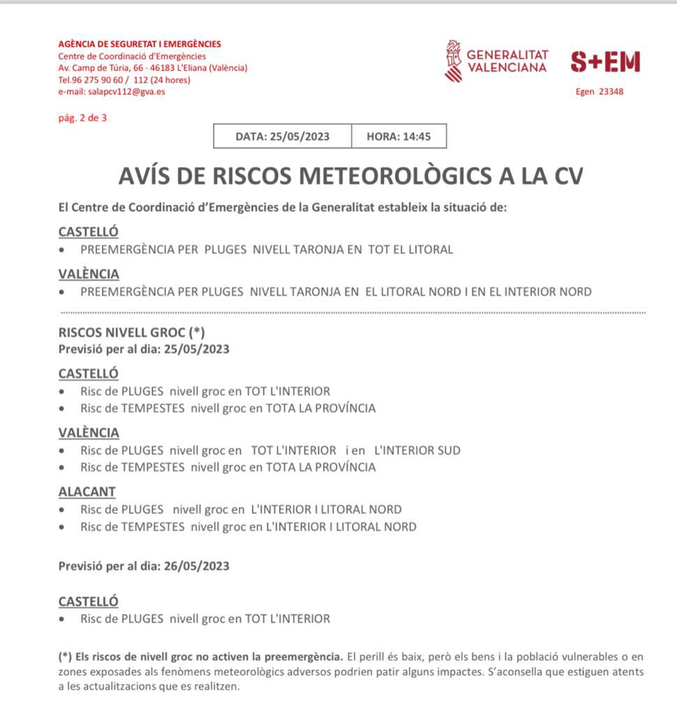 GVA112's tweet photo. El CCE estableix la situació de: 

🟠 Preemergència per pluja nivell taronja al litoral de Castelló i al nord de la província de València https://t.co/KxxqambqUk