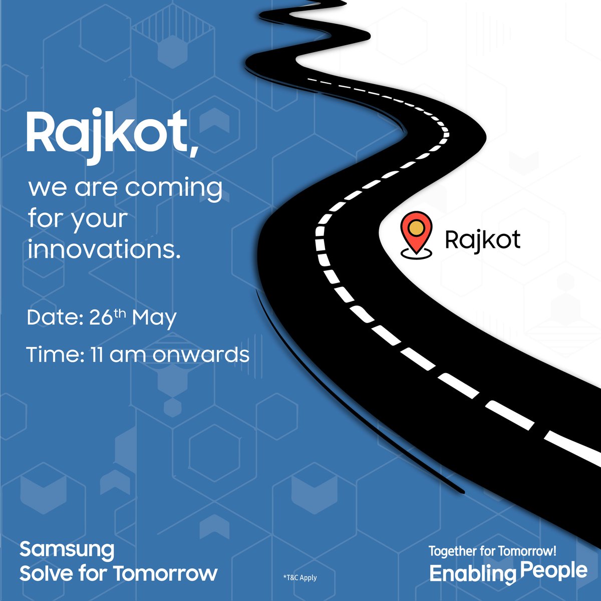 SamsungIndia's tweet photo. Become the architect of your dreams, and join us at #SolveforTomorrow to solve for the world. Meet us at the Marwadi University. Six days left to apply: https://t.co/LBB6n41Hyq. T&amp;C apply. A CSR initiative by #Samsung. #enabling_people #SFT_India_2023 https://t.co/An2pdV5VtO