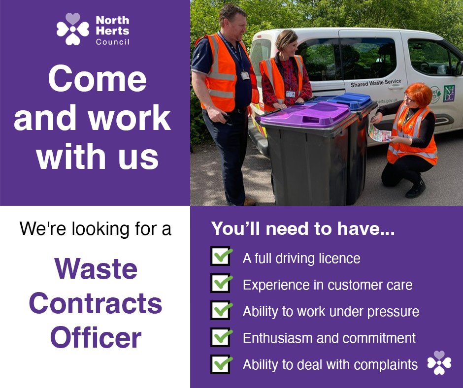 NorthHertsDC's tweet photo. We are looking for a self-motivated individual who is looking for a challenging and rewarding role in our joint waste service. Apply today! 👇 
https://t.co/HDcDsYyuH0 #careers #jobs https://t.co/UxXo6eywWt