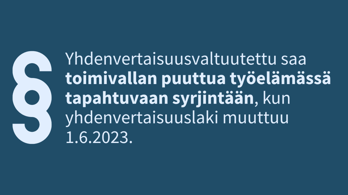 Jokaisella on oikeus yhdenvertaisuuteen työelämässä. Työsyrjintää kokeneen ihmisen oikeussuoja vahvistuu, kun yhdenvertaisuusvaltuutettu saa toimivallan puuttua työsyrjintään yhdenvertaisuuslain muuttuessa 1.6. Ketju yhdenvertaisuuslain työelämään liittyvistä muutoksista⬇️ 1/5