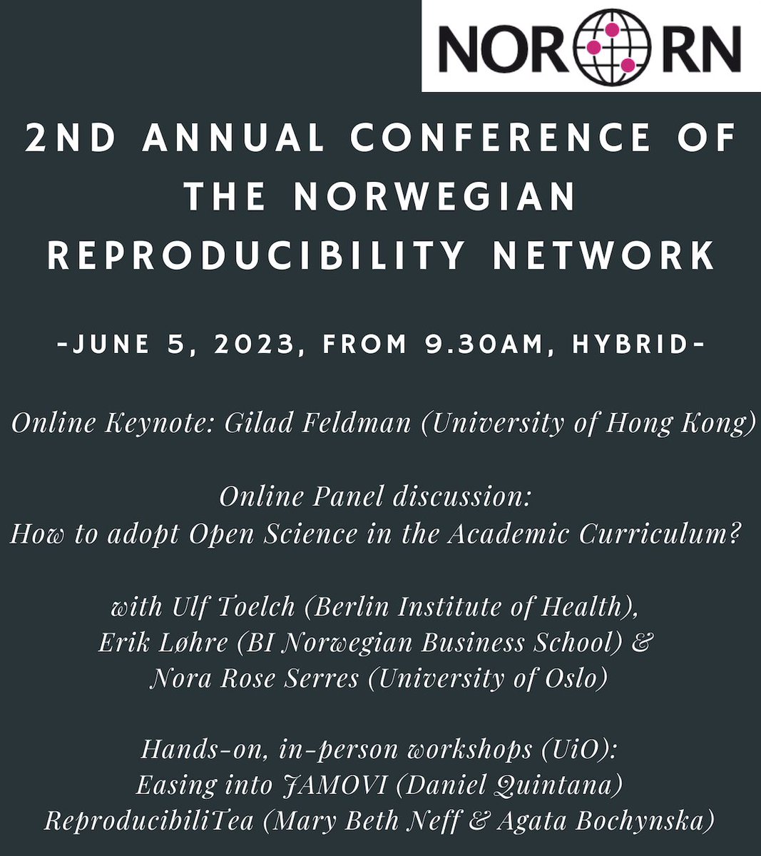 NorRepro's tweet photo. Join us on June 5 for our annual NORRN conference 🇳🇴

Our hybrid event features a keynote from @giladfeldman, panel discussion with @NoraSerres, @ulf_toelch + @LohrErik, and workshops from @dsquintana, @AgataBochynska + @MaryBeth_Neff

Register here: https://t.co/aJJ3cEbf7w https://t.co/KhnaeBWoRU