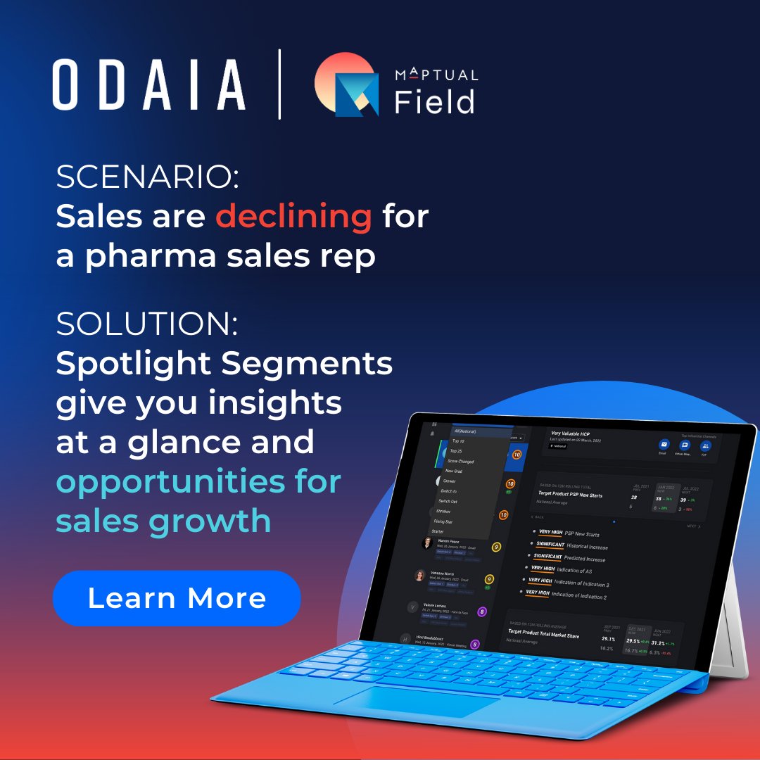 How #MAPTUAL Field can help #SalesReps when sales are declining 📉 Pharma Sales Reps can see where you are losing #business, where there is potential to #grow, and where growth is occurring with MAPTUAL Field. Learn more about MAPTUAL Field: odaia.ai/how-maptual-fi…