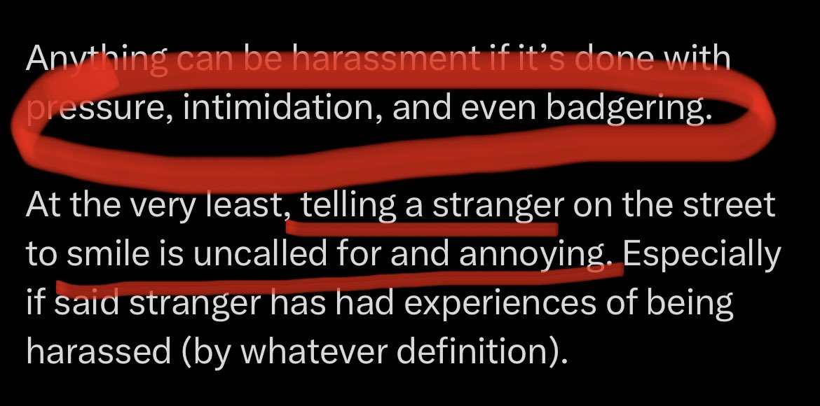 If you can’t be out in public without pressuring, intimidating, and badgering people to interact with you, then maybe you shouldn’t be out in public. And if you don’t think it’s a problem to tell women on the street to smile, then yes, don’t say shit to people. 🫶🏾