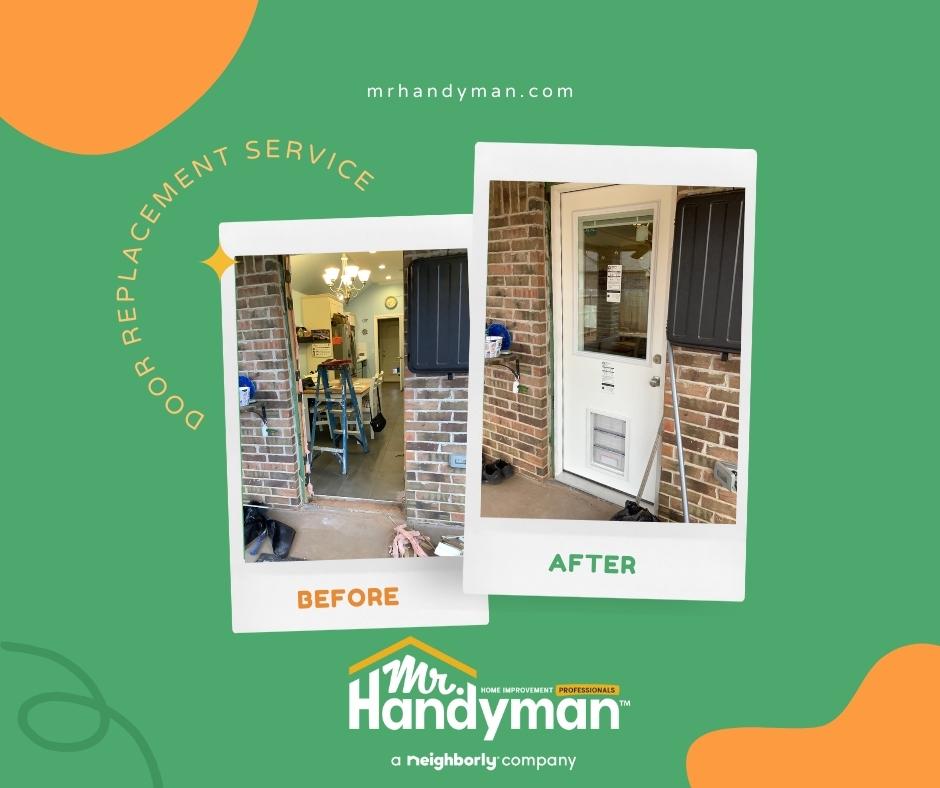 Upgrade your home's curb appeal with a brand new door! Our team at Mr. Handyman can help with all your door replacement needs.

#DoorReplacement #CurbAppeal #HomeRenovation #MrHandymanServices #ProfessionalHandyman #HomeImprovement #HomeUpgrade