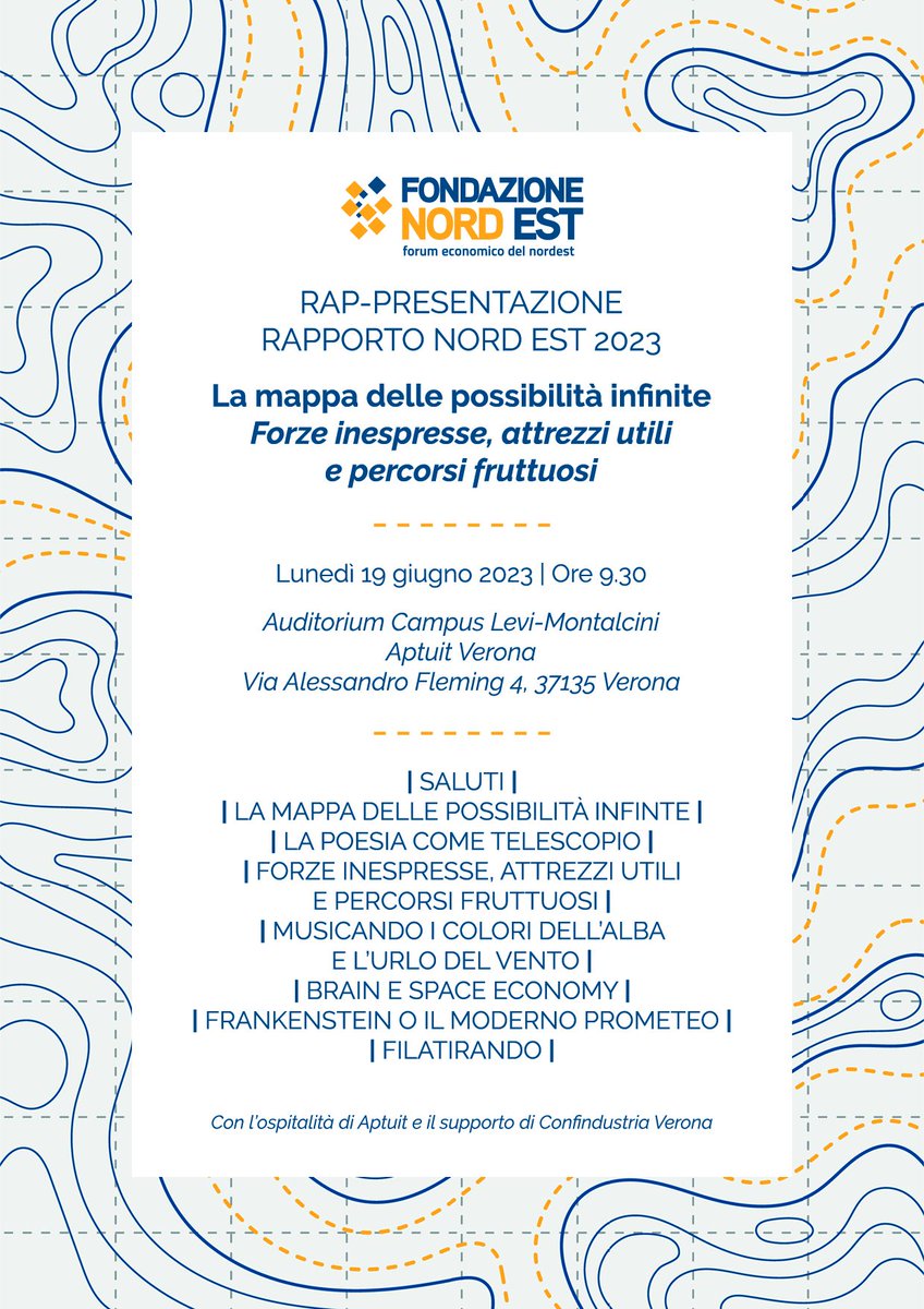Lunedì 19 giugno rap-presentiamo il Rapporto Nord Est 2023!

A Verona, presso l'Auditorium del Campus Levi-Montalcini - Aptuit Verona. 

Continuando  nella via intrapresa lo scorso anno la rap-presentazione prevede  linguaggi diversi, dalla poesia, al teatro fino alla musica.