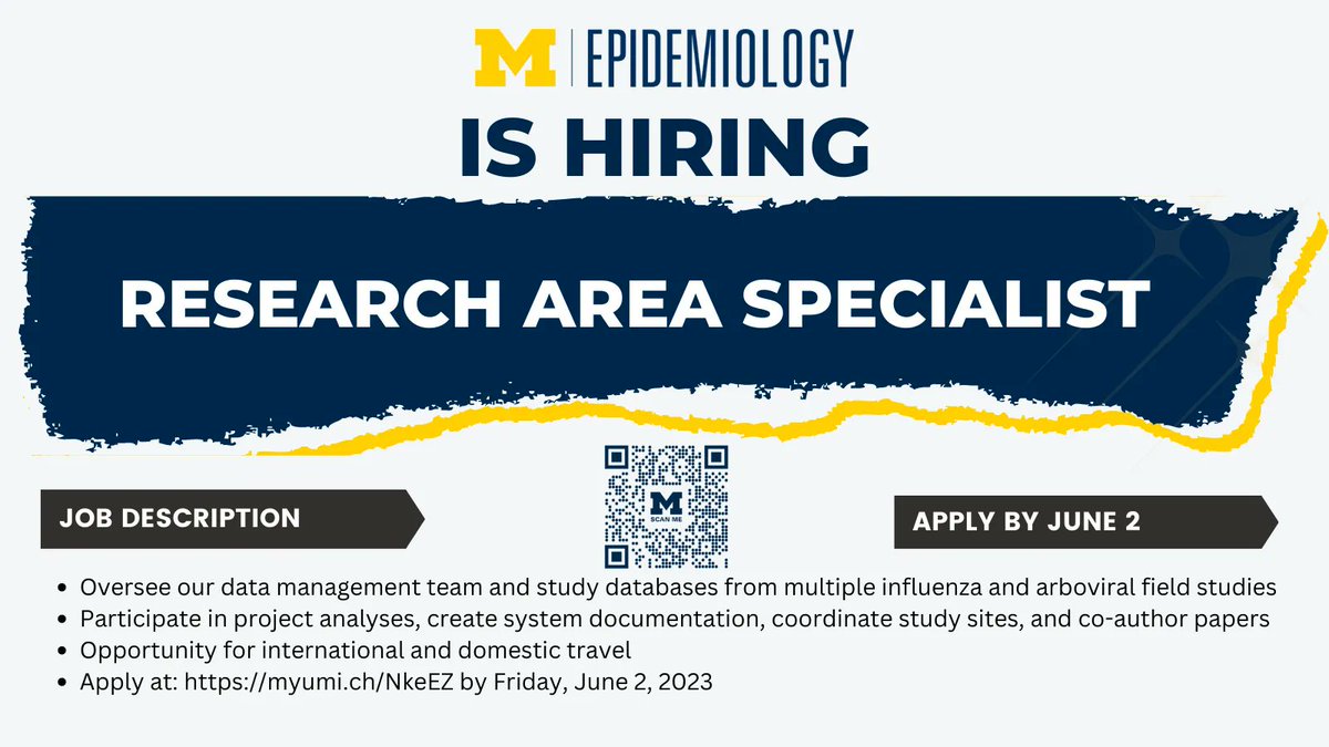 The Department of Epidemiology is hiring a Research Area Specialist Senior. Join the <a href="/AubreeGordonPhD/">Aubree Gordon</a> Research Team on their long-running influenza and arboviral field studies by applying by June 2nd at: myumi.ch/NkeEZ 
#GoBlue #Epidemiology #jobopportunity