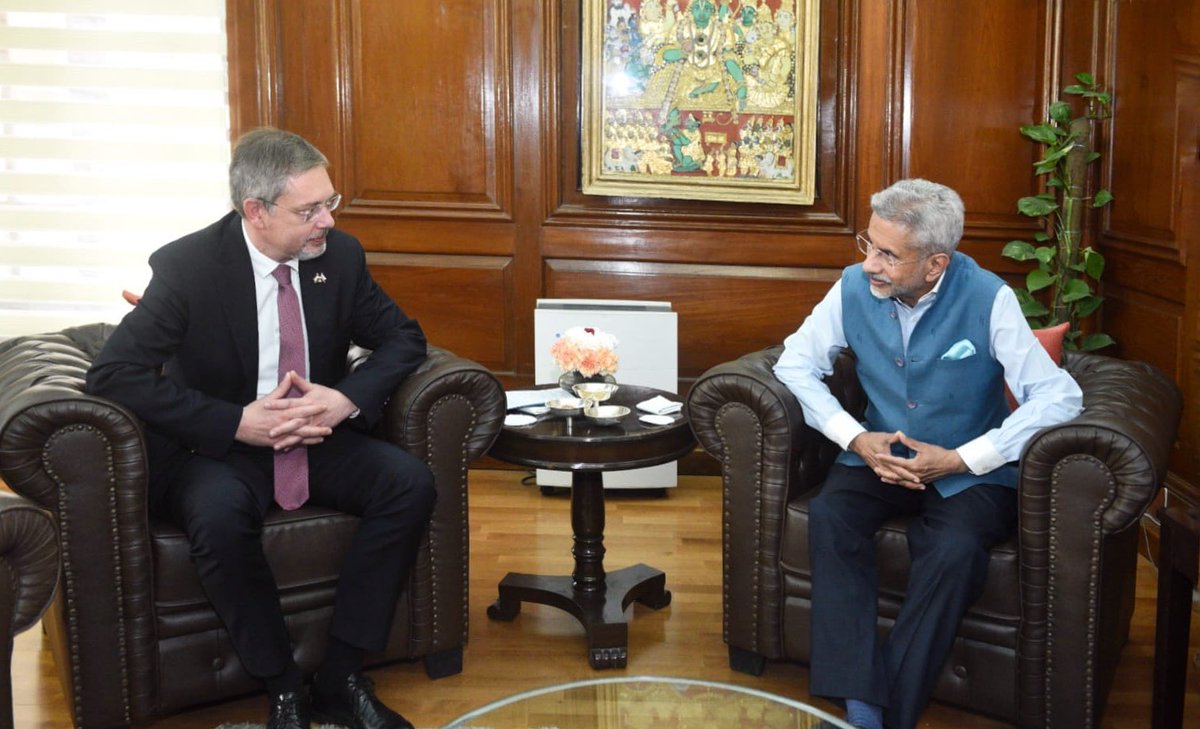 DrSJaishankar's tweet photo. Pleasure to meet Russian Ambassador  Denis Alipov today evening. 

Discussed our bilateral cooperation, including in the IRIGC-TEC framework. Looking forward to taking that to a higher level. 

Also spoke about the forthcoming BRICS Foreign Ministers’ meeting in South Africa. 

@AmbRus_India