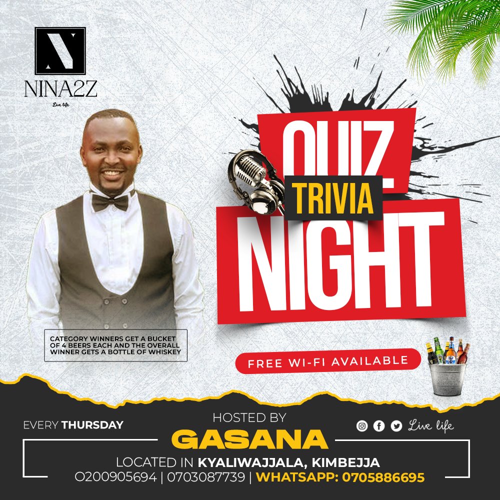 Not sure about you🤔, but today we're going for the #QuizNight 💃A thrilled experience you cant afford to miss with Gasana The Host at #NINA2Z 🎶🙌🏾🔥 #livelife