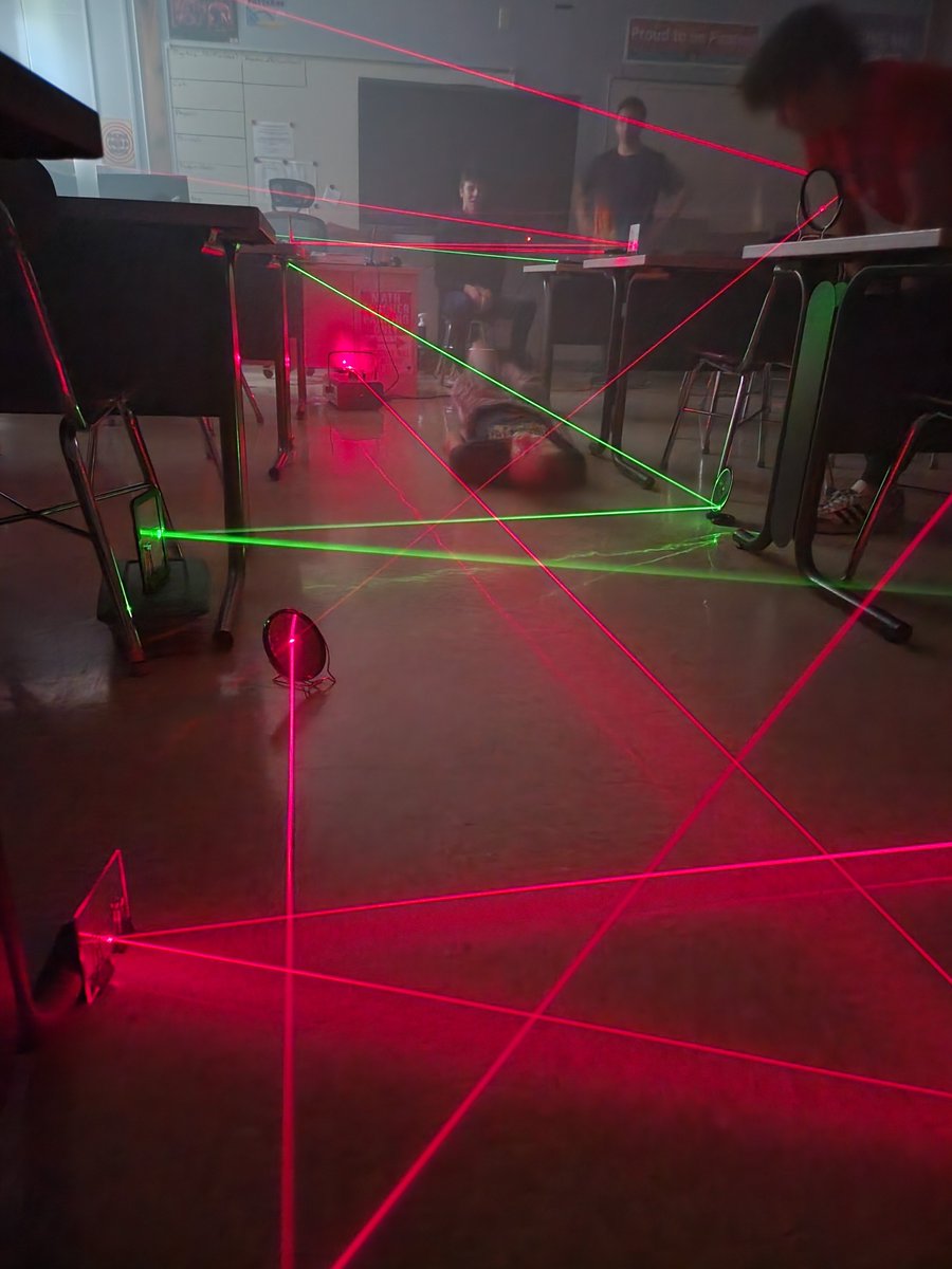 FallRiverSD's tweet photo. No, Mr. Bond. I expect you to apply the law of reflection.

Students in physics did a mission impossible by making a laser grid and then attempted to make it through their creation.

#FallRiverPirates https://t.co/DY4YQ4VmPE