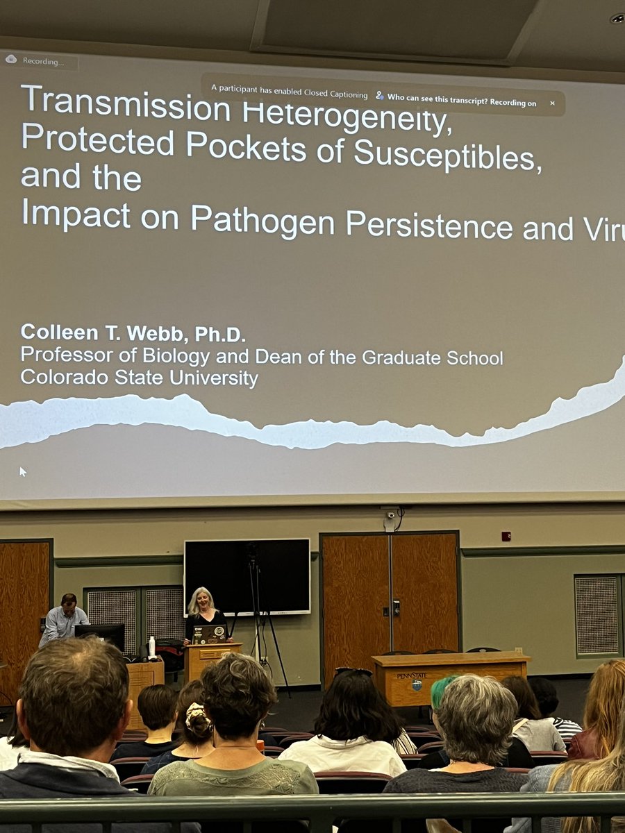 k80_jy's tweet photo. Day 3! Colleen Webb is presenting on transmission heterogeneity, protected pockets of susceptibles and the impact on pathogen persistence and tolerance 🦠 https://t.co/BsPWhT6TqH