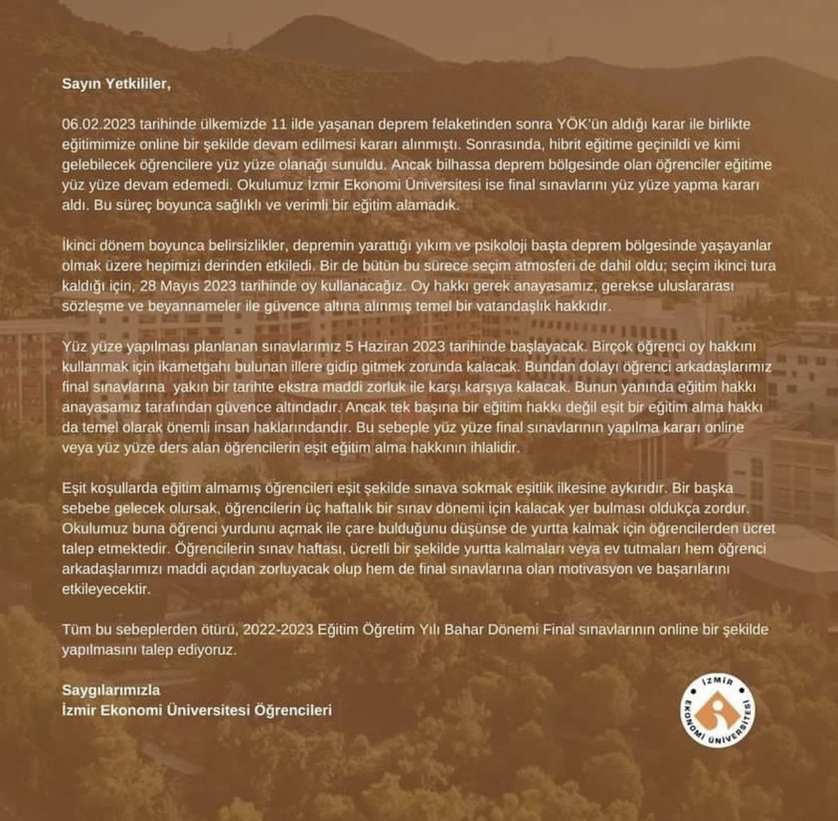İzmir Ekonomi Üniversitesi Öğrencileri online sınav istiyor.