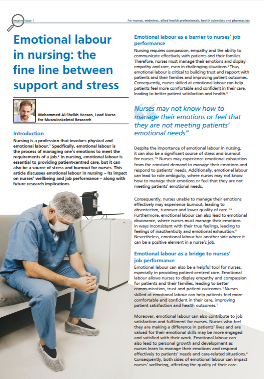 MH_Sheikh's tweet photo. My latest article has been published in the first issue of @Leic_hospital's INSPIRE journal. 

I discuss the unseen challenges faced by nurses and explore the multiple sides of emotional labour. Check it out on INsite! @LeicResearch 

https://t.co/sOll8dGjor https://t.co/rls7tbuyLj